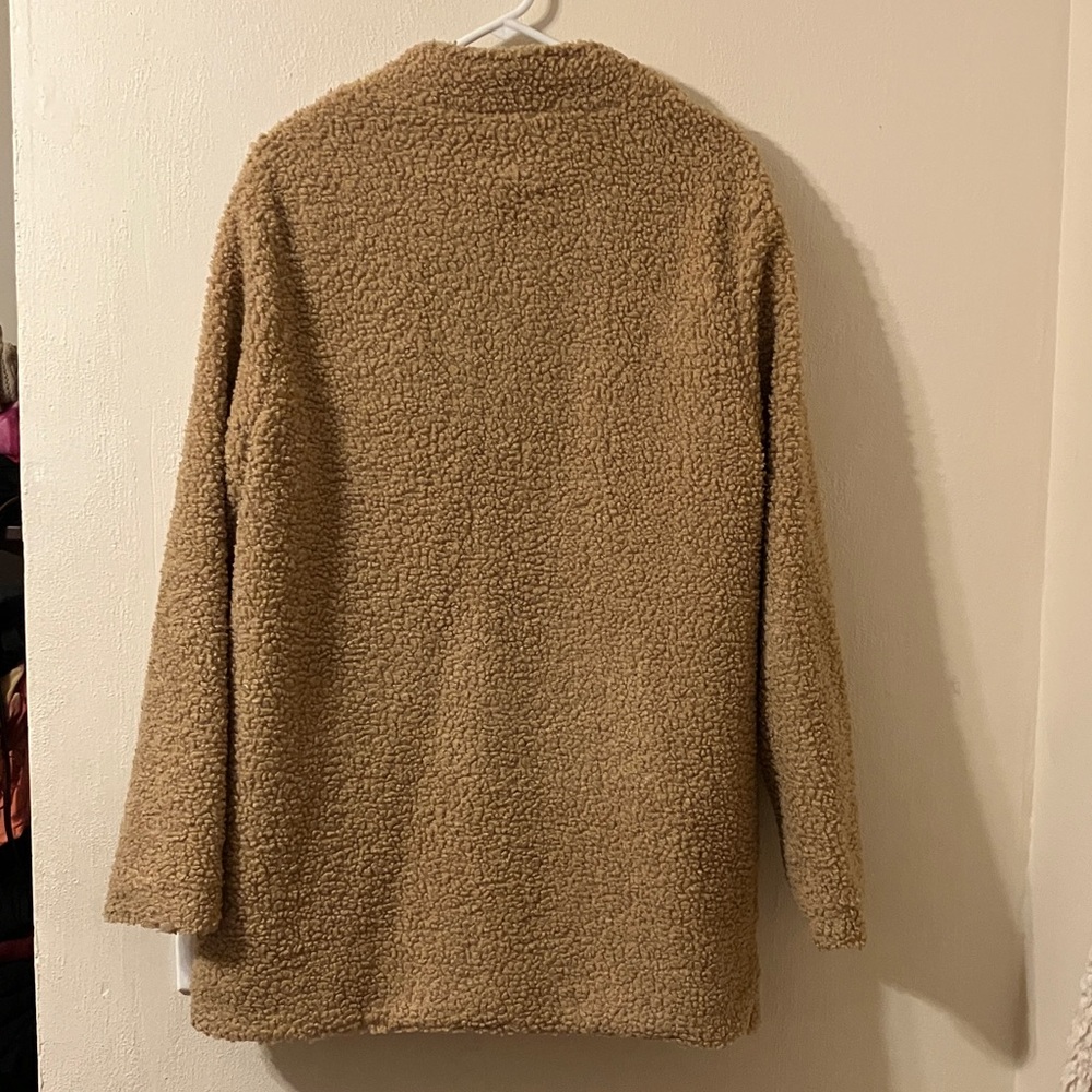 Tan Fuzzy Fleece Sherpa Style Long Jacket or Coat w/ Open Front Cardigan Pockets - Picture 4 of 6